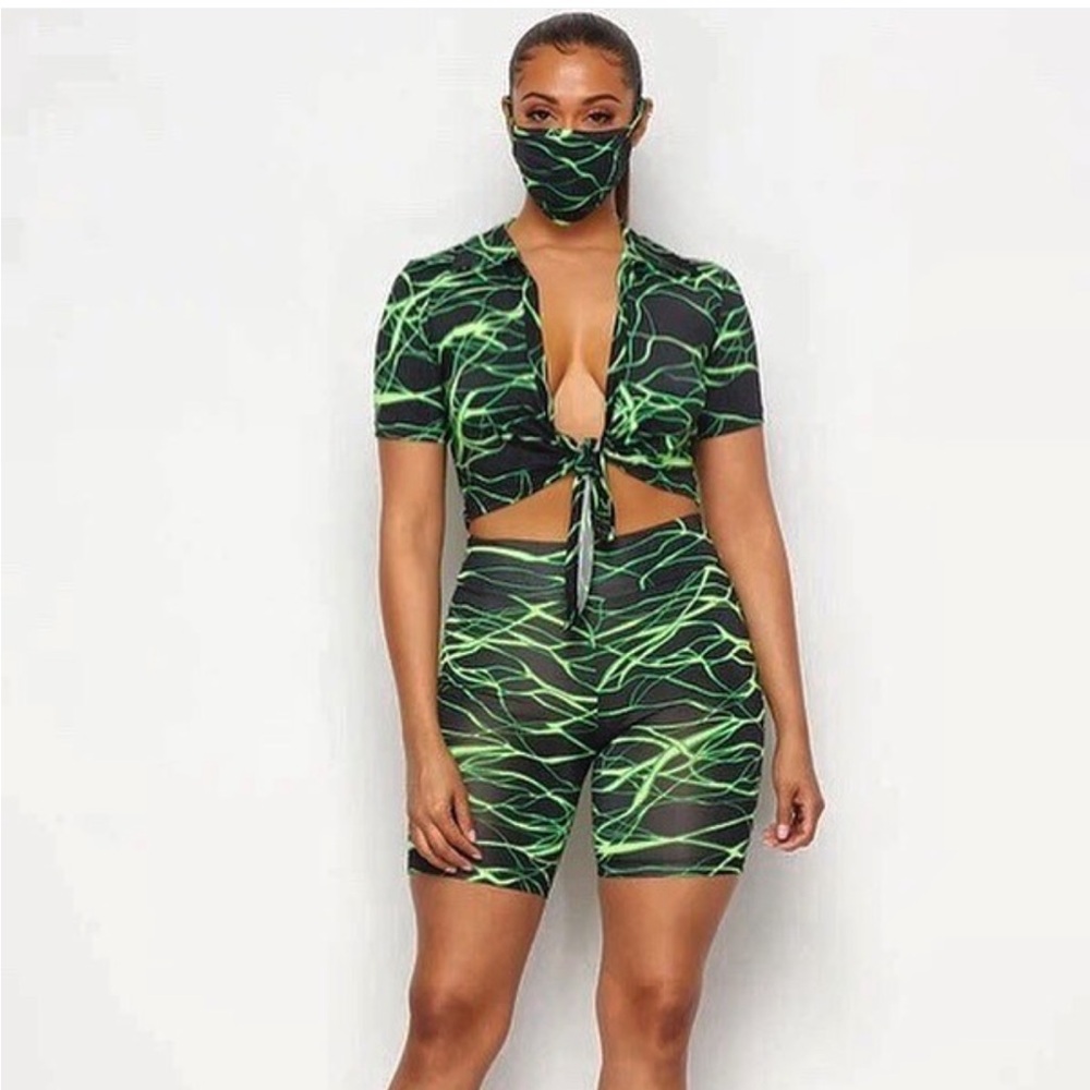 Green and Black Tie-Front Mesh Two-Piece Set with Mask